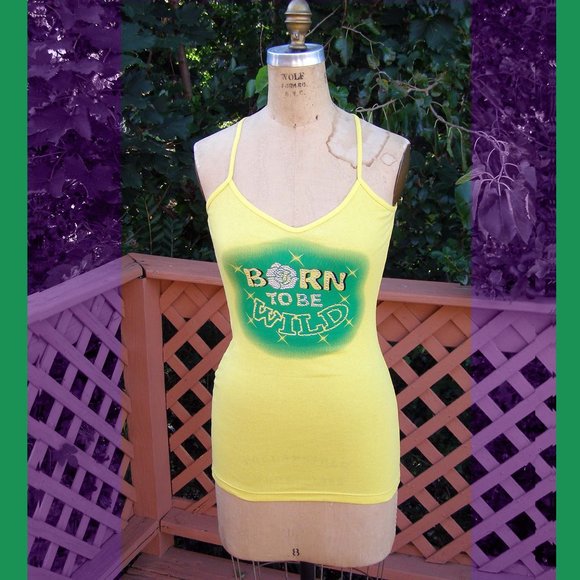 🇺🇸 NEW Mandee "Born to be Wild" yellow Cotton tank top S/M - Picture 1 of 10